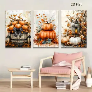 2D Flat 3pcs Autumn Harvest Canvas Posters - Waterproof Fall Wall Art with Pumpkin, Maple Leaf, Lantern - Thanksgiving, Halloween, Home Decor - Easy Hang Wrapped Canvas Prints for Living Room, Kitchen