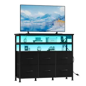 TV Stand for 40, 45 inch TV, Entertainment Center with LED Lights & Charging Station, TV Media Console Table with 6 Fabric Drawers and Open Shelves for Living Room, Hallway, Wood Top