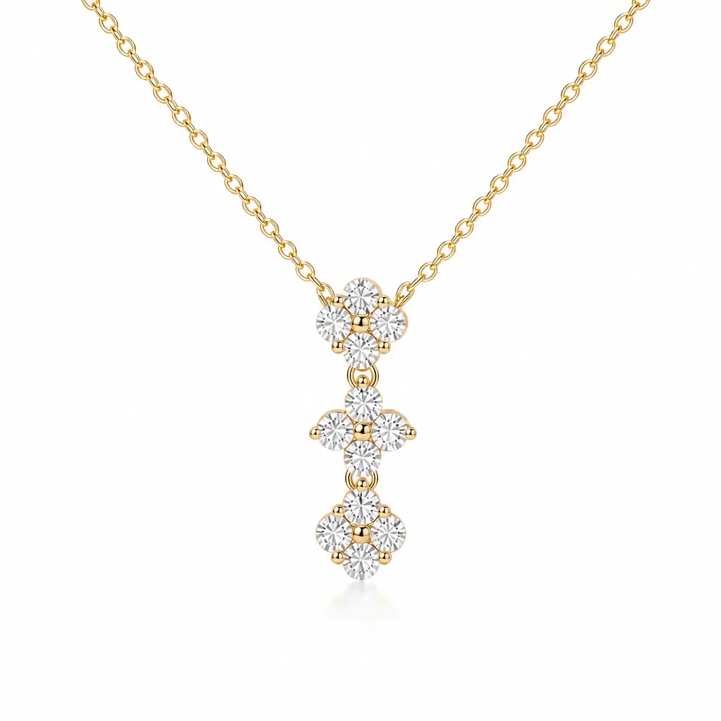 Women's 3-Tier Floral Cluster Drop Necklace - Gold-Tone Dainty Y Pendant Necklace with Clear Faceted Artificial Gemstones