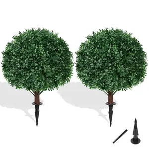Artificial Boxwood Sphere Bushes Set of 2 Lifelike UV Resistant Faux Shrubs with Stakes for Porch Planter & Indoor Decor 16in Cedar Cypress Box Web Decorative Fruit Boxwoods - Triple-Layer Protection & Effortless Maintenance Ornaments,summervibes