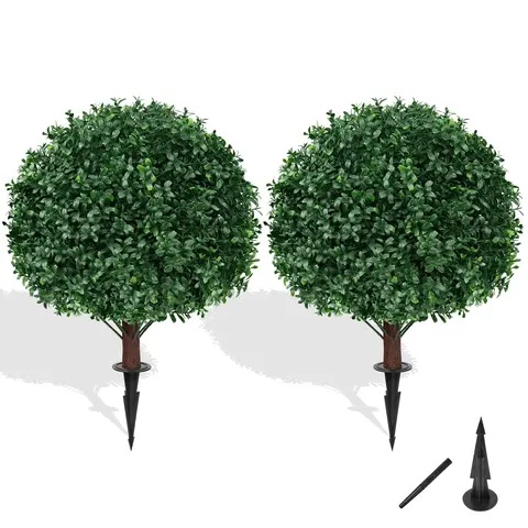 23in UV-Resistant PE Plastic Artificial Boxwood Sphere Topiary Bushes Set of 2 - Triple-Layer Protection, Stakes for Stability, Fluff to Reshape, Low-Maintenance Fake Tree Plants for Porch Planters, Daily Room Decor Decorations For Room