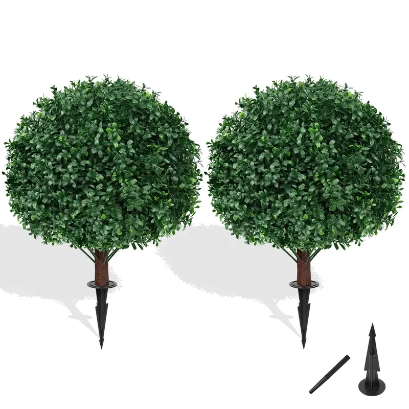 23in UV-Resistant PE Plastic Artificial Boxwood Sphere Topiary Bushes Set of 2 - Triple-Layer Protection, Stakes for Stability, Fluff to Reshape, Low-Maintenance Fake Tree Plants for Porch Planters, Daily Room Decor Decorations For Room