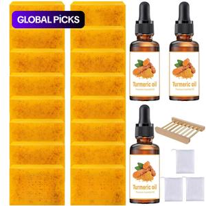 turmeric & kojic acid soap bars, body wash set brightening turmeric cleanser bar soaps and serums set, 16pcs turmeric kojic acid soap & 3 counts turmeric oil & 1 count soap dish & 3 counts soap bag, daily body & face care for women & men