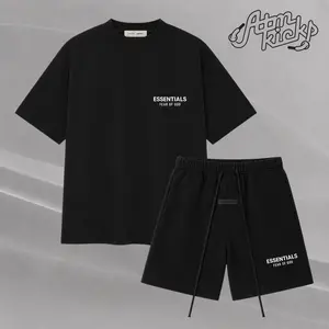 (Tee and Shorts) Fear of God Essentials T-shirt & Shorts Set Stretch Jet Black OVER SIZE Casual Wear Comfortable Fit Simple Design Versatile Everyday Wear Menswear Tops Crewneck ShortSleeve Light
