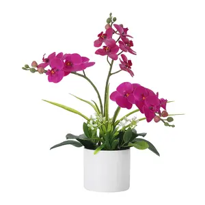 Real Touch Silk Phalaenopsis Orchid Artificial Flowers - 3 Stems Faux Orchid Bough with Vase, Lifelike Large Fake Flowers in Pot for Home Decor Living Room Bedroom Office Tabletop