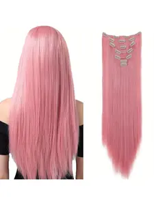 7pcs Straight Pink Hair Extensions Set - Long 24-Inch 140g Heat-Resistant Synthetic Clips for Women, Natural Look for Daily Wearse Synthetic Hairpieces