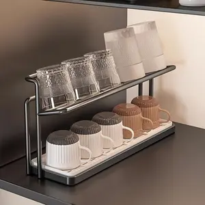 2-Tier Dish Drying Rack, Anti-Bacterial Carbon Steel, Easy-To-Clean, for Mugs, Tumblers, Baby Bottles, Kitchen Organizer, Black & White, Cup Holder Trays
