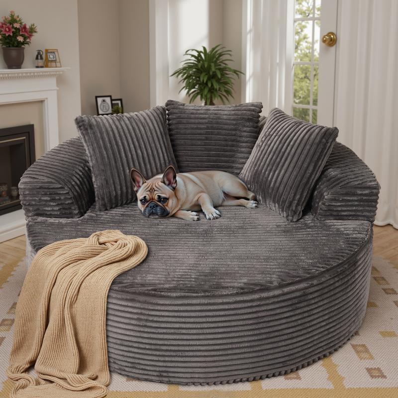 HOOOWOOO 59"W Oversized Round Sofa Bed - Boneless& Modern O-Shape, Lazy Bean Bag Chair, Deep Seat Couch with 3 Pillows, Plush Corduroy Fabric Chaise Lounge, No Assembly Required