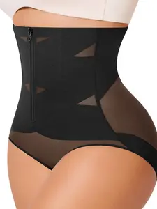 High Elastic Breathable Mesh Waist Cincher Pant, Front Zipper Butt Lifting Shaping Pants, Women's Slimming Underwear