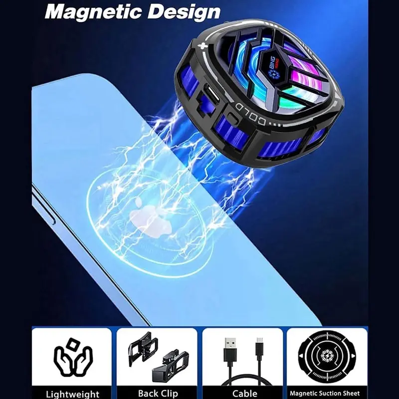 Magnetic Temperature Display Cell Phone Cooler RGB Fan with Semi-Conductor Chip for SmartPhone Tablet Mobile Gaming Live Streaming