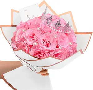 Glitter Roses Bouquet Pink Roses Artificial Flowers with Wrapping Paper Crowns Cards for Mother's Day Graduation Anniversary Engagement Wedding