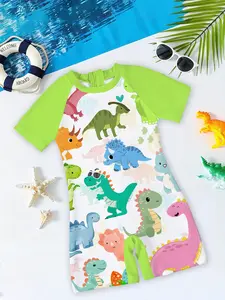 🦕 Boys' One-Piece Swimsuit "Dinosaur Paradise Vibrant Edition" - Full-color dinosaur all-over print + bright green raglan sleeves, energetic and sun-protective, creating the perfect vibe for summer water play