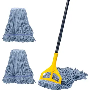 Commercial Industrial Mop with 3   Replacement ,59" Long Handle Heavy Duty Wet Mops,Looped-End String  Mop for Floor Cleaning,House,Kitchen,Office,Garage,Tile(Yellow)
