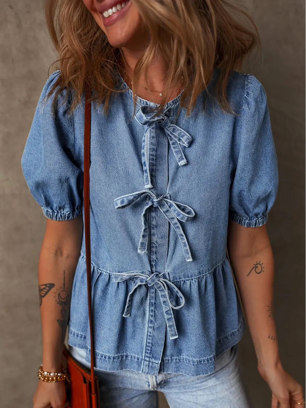 Tied Front Bubble Sleeve Peplum Denim Shirt, Accentuate Your Waist and Create A Flattering Silhouette With A Peplum Hem.