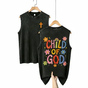 Vintage Acid-Washed Sleeveless Round Neck Tank Top for Christian Girls - Child of God Bubble Letter Print, Rainbow Daisy Multicolor Double-Side Design, Small Chest Orange Cross Minimal Logo, Casual Everyday Summer Beach Outfit