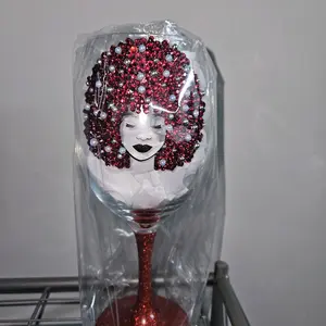 Custom Wine Glass African American Woman Silhouette with Red and Silver Bead Accent Unique Decorative Glassware