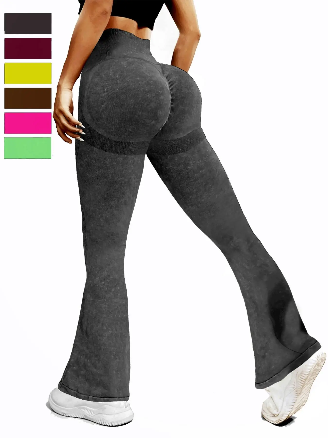 Women's Solid Ruched High Waist Sports Leggings, Casual Comfy Seamless Flare Leg Pants for Daily Wear, Gym Clothes, Ladies Sportswear for Indoor Outdo