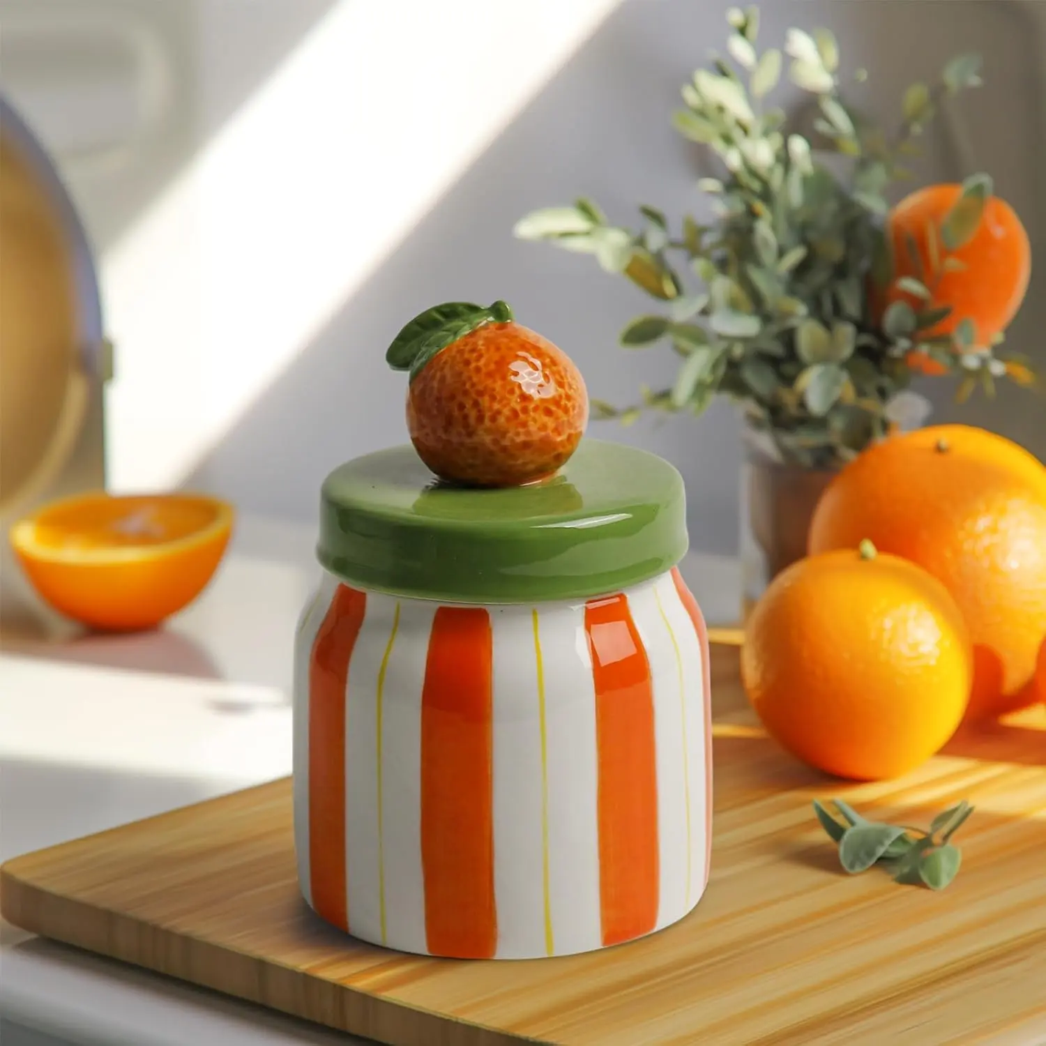 Thick Orange Hand-Painted Ceramic Cookie Jar Canister with Airtight Lid - 13.4oz, 3.9x5.3 Inches Wide Mouth Food Storage for Coffee, Home Decor, Kitchen Countertops