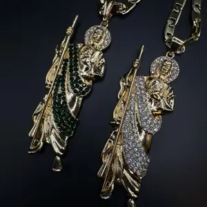 San Judas Tadeo Big Pendant Gold Plated  24 inches Chain with Rhinestone Accents and Feather Design