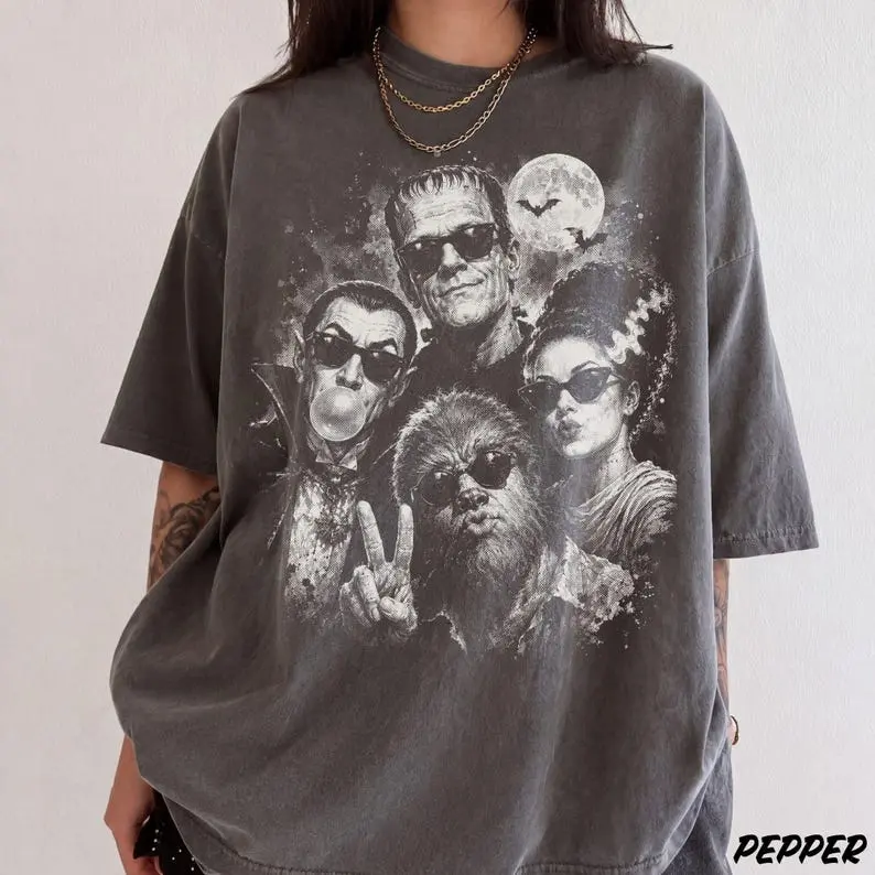 Retro Halloween Monster Selfie Comfort Colors Shirt, Vintage Spooky Monsters Graphic Tee, Funny Bubblegum Halloween T-Shirt, Halftone Fall Apparel