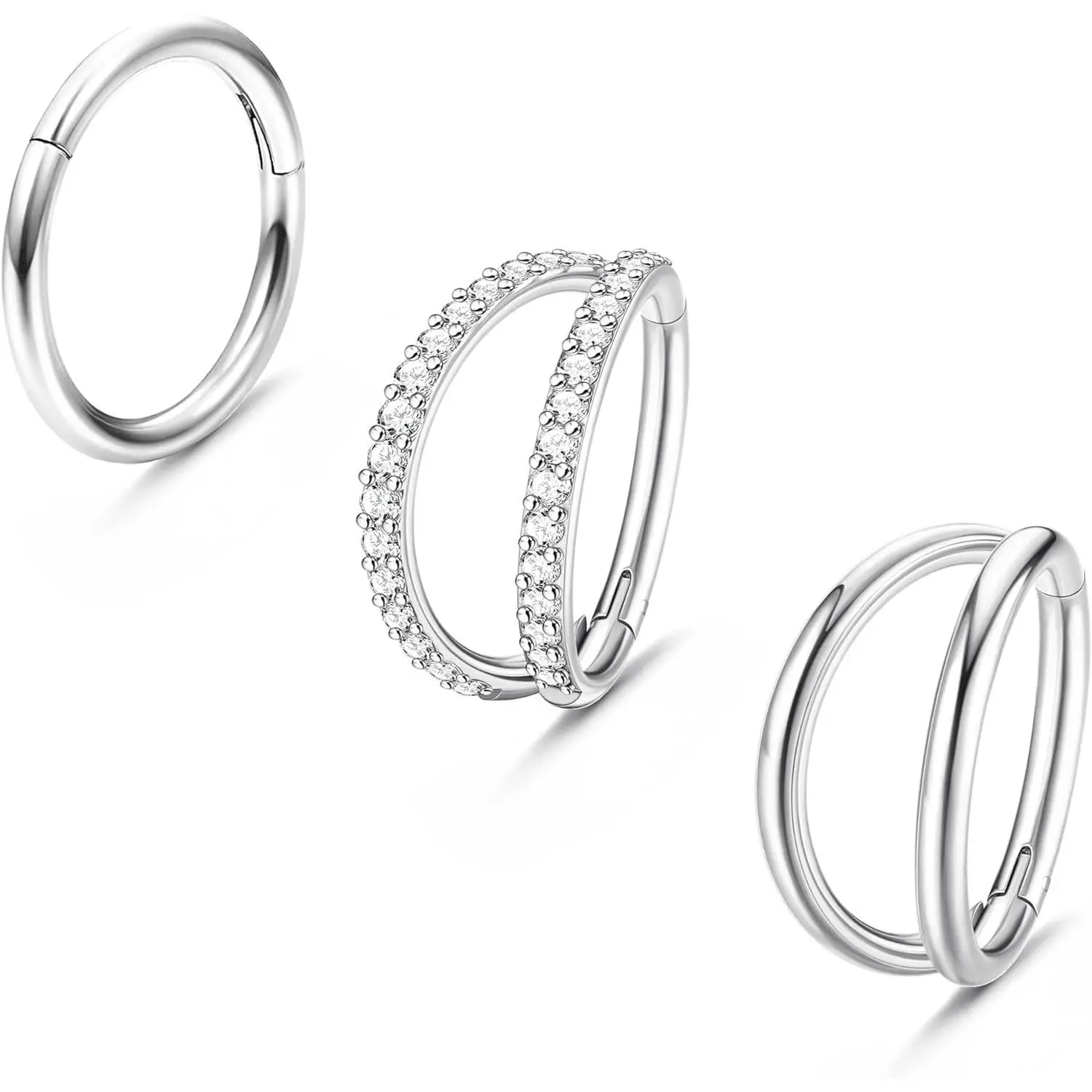 FLORIDECO 3PCS 16G Stainless Steel Nose Rings Hoop for Women Septum Clicker Nose Rings CZ Hinged Segment Septum Lip Nose Rings Helix Cartilage Daith T