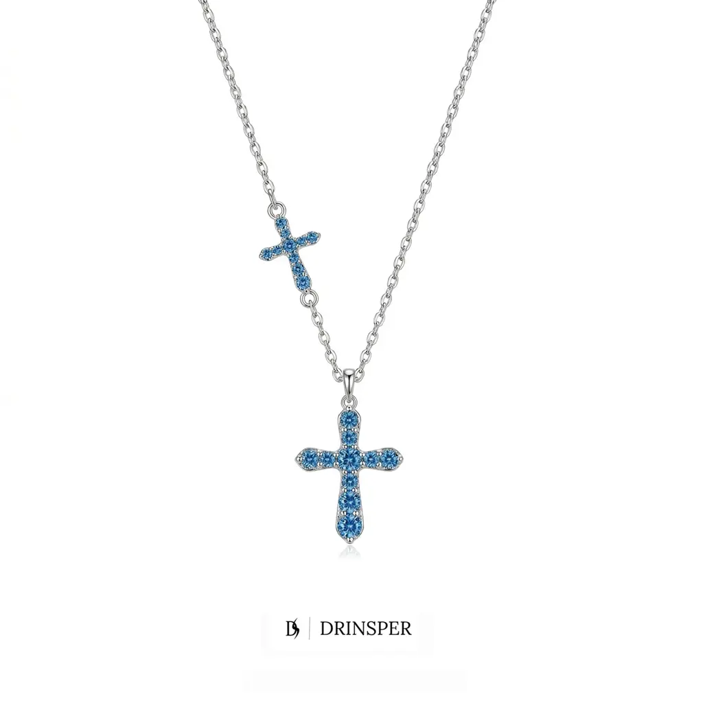 DRINSPER Cross Necklace for Women Men Religious Faith Gift, Silver Plated Copper Cross Pendant with Blue Cubic Zirconia, Layered Cross Jewelry for Baptism Communion Graduation Anniversary Birthday Gift, Adjustable 16+2 Inch Chain