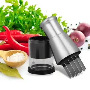 Mini portable manual press kitchenware set: Stainless steel spatula + Food shredder + garlic slicer + Garlic and pepper grinder - a kitchen black technology wonder