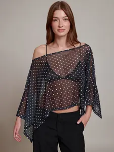 Women's Autumn New Mesh Knit Asymmetrical Neck Off-Shoulder Polka Dot Irregular Top Asymmetrical Design, Sexy Slim-Fitting Casual Blouse