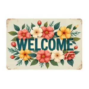 1pc Welcome Sign with Vibrant Flowers and Green Leaves Aluminum Wall Art for Home Office Cafe Bar Garage Holiday Seasonal Decor Easy to Hang