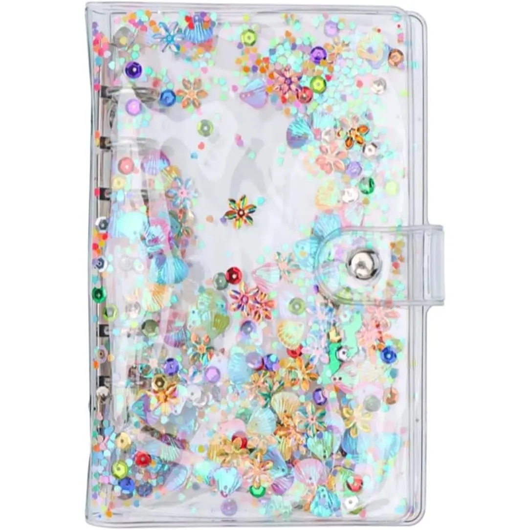 A6 Budget Binder Cover 6 Ring Binder Cute Glitter Quciksand PVC Planner Cover with Ruler Personal Notebook Shell Loose Leaf Folder Organizer( Glitter, A6)