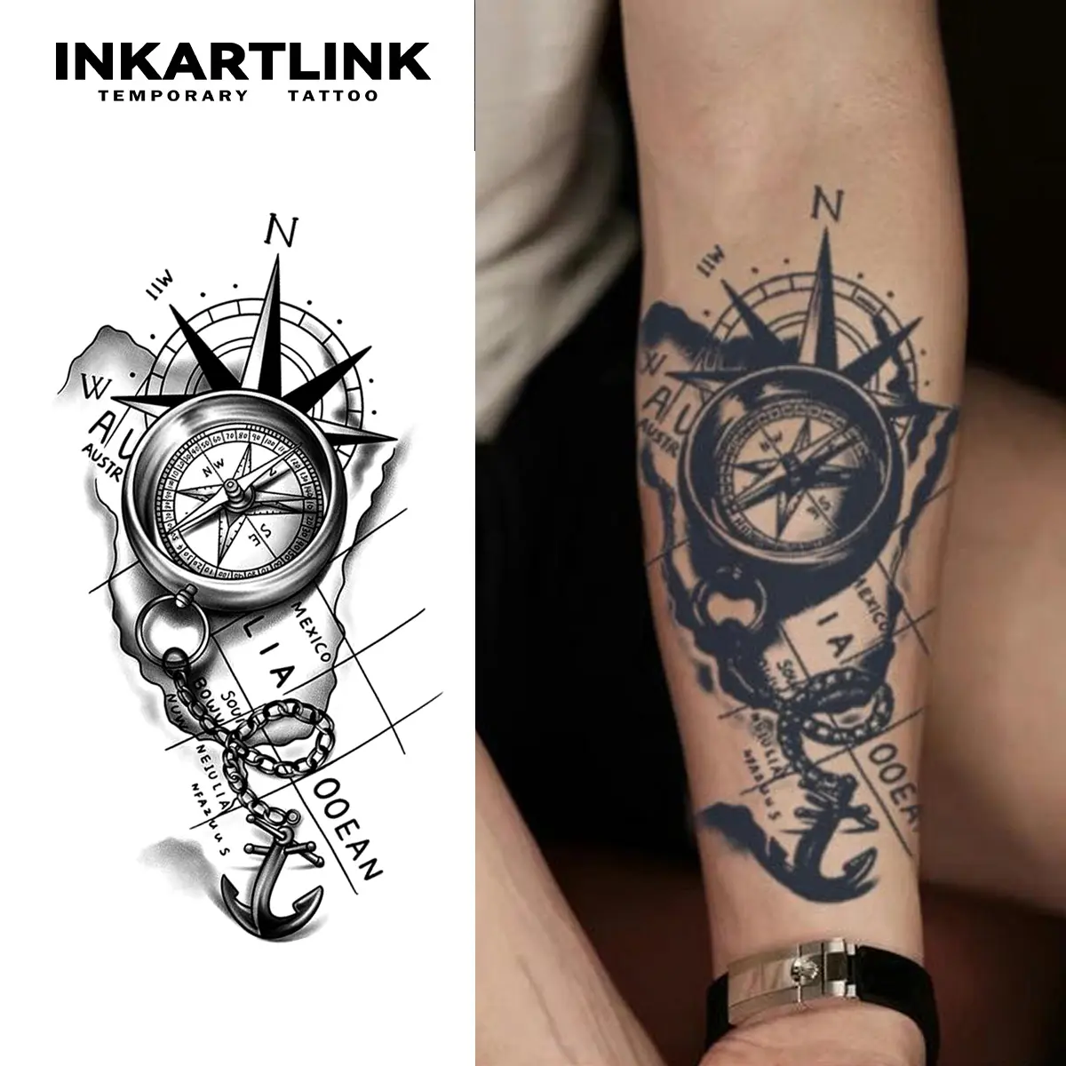 INKARTLINK Semi-Permanent Tattoos, Lasts 1-2 Weeks, Waterproof & Realistic Fake Tattoos, 2 Sheets, Anchor Compass Design for Men & Women, All Skin Types