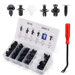 HE26 Bumper Retainer Clips Car Rivets Set - 100 PCS Fasteners, 1 Fastener Remover, Car Door Trim Panel Fender Clips for Most Models