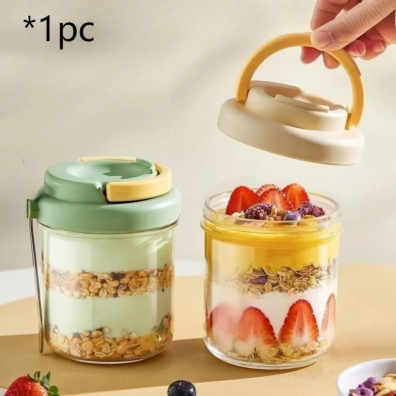 430Ml/14.57oz, oat cup glass with lid and spoon, Glass containers for food, sealed food breakfast cup, Airtight Reusable Containers, portable cereal milk cup, lid comes with stand function, can hold mobile phones