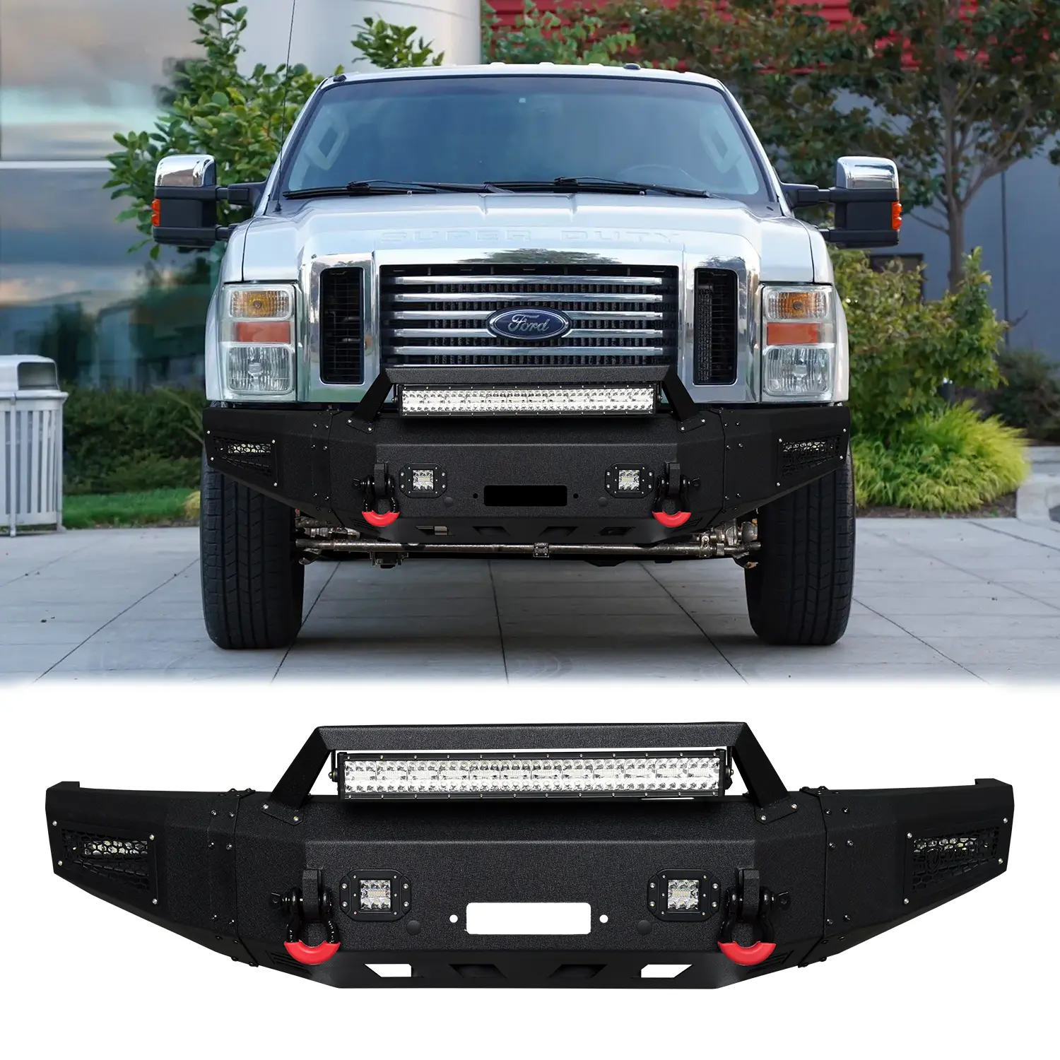 Vijay Black Texture Steel Front Truck Bumper, Custom Fit for 2008-2010 Ford F250/F350/F450, Automotive Body Repair Part with Winch Plate, LED Lights, 2 D-Rings for Off-Road Enhanced Functionality & Improved Visibility Simple screw installation