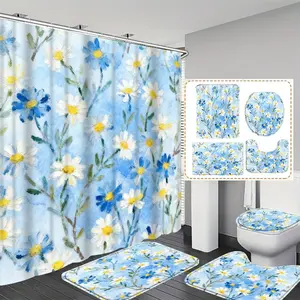 1/3/4 Piece Set Light Blue Daisy Print Shower Curtain Set, Includes Non-Slip Mat, U-Shaped Floor Mat, Oval Toilet Lid Cover