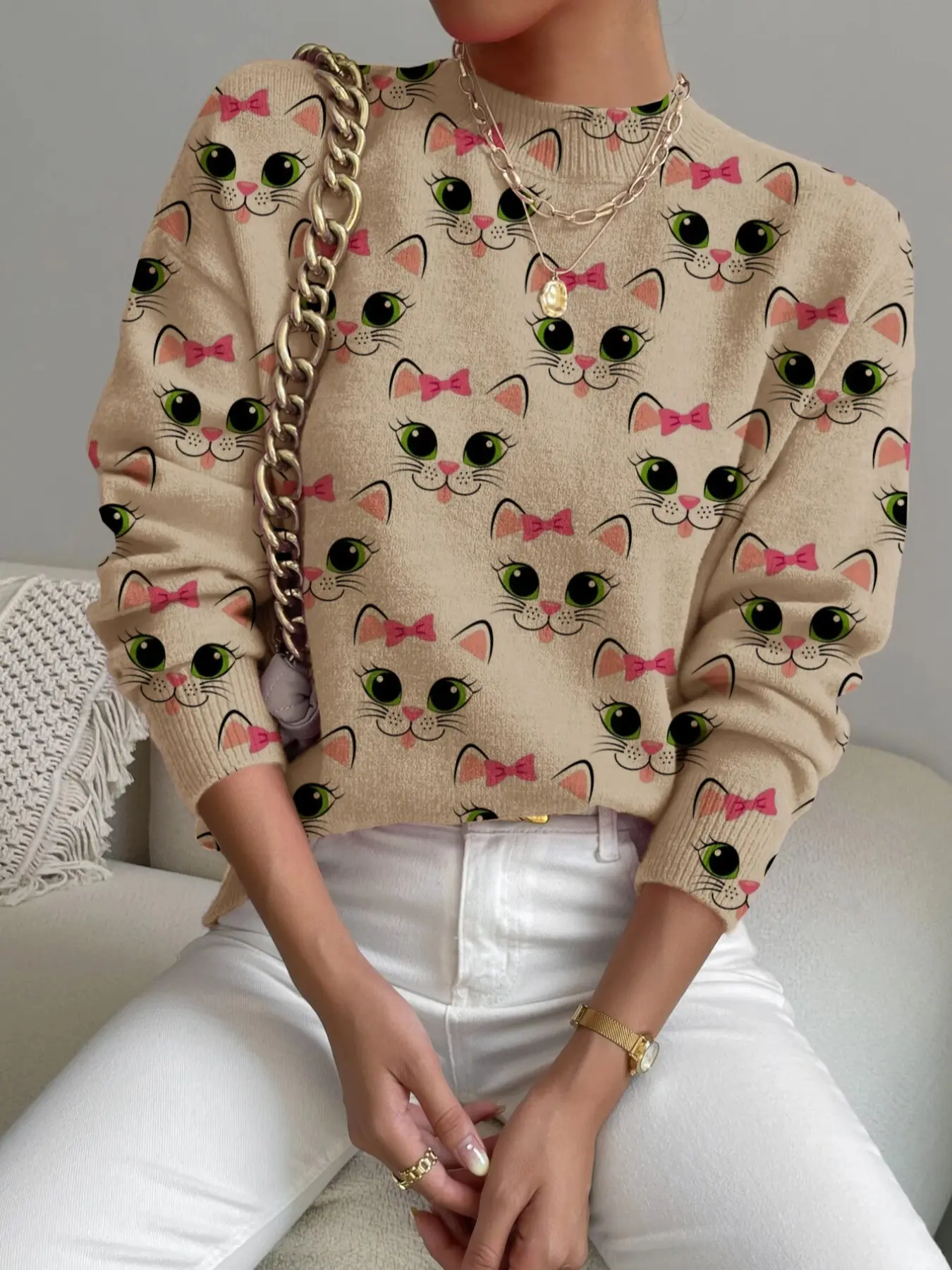 Women's Cartoon Cat Print Stand Collar Fitted Sweater, Fall Winter Casual Long Sleeve Knitwear, Comfortable Warm Daily Wear Womenswear