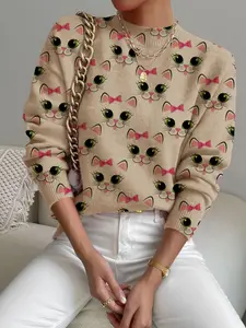 Women's Cartoon Cat Print Stand Collar Sweater, Fall Winter Casual Long Sleeve Knitwear, Comfortable Warm Daily Wear