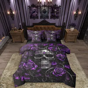 Sugar Skull 7 Pcs Comforter Set,Purple Rose Floral Bedding Set for Boys Girls Teens Adults,Gothic Skeleton Bed in a Bag
