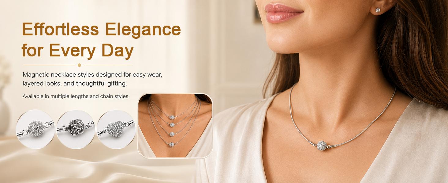 BONISON 3PCS Layering Necklaces for Women, Stainless Steel Silver Box & Snake Chain Set with Magnetic Clasp, 16/18/20/24 Inch, Includes Jump Rings for Pendants