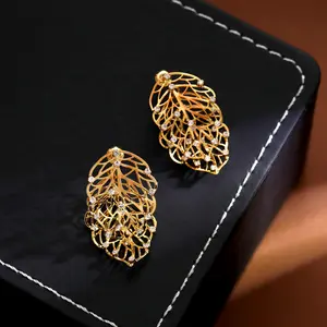 Reversible 2-Way Leaf CZ Drop Earrings, 18K Gold Plated Dainty Luxury Statement Earrings