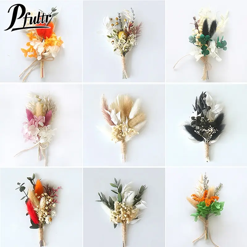 1pc Mini Natural Dry Flowers Bouquet Boutonnieres Groomsmen Buttonholes Bridesmaid Flower Corsage Brooch Christmas Wedding Decor