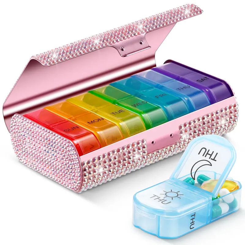 Zannaki Bling Aluminum XL Weekly Pill Organizer - 2x AM-PM Slots, BPA-Free Food-Grade Durable Travel 7-Day Pocket Storage Box with Built-In Steel Pin for Capsules/Vitamins/Medication