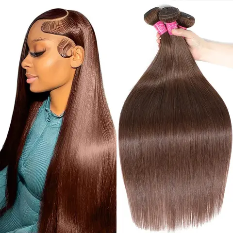 Unprocessed Brazilian Virgin #4 Chocolate Brown Silky Human Hair Bundles, 1/3/4 #Bouncy Straighten Extensions, Dye & Bleach Ready, Ideal for Wedding Use (Suitable for Brushing Natural Hair)