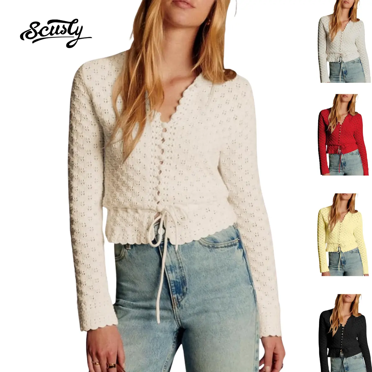 SCUSTY Women’s Casual Long Sleeve Crew Neck Crochet Cardigan Lightweight Hollow Out Tie Front Knit Short Sweater Tops Fit Elegant