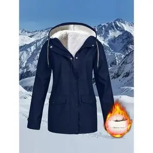 Women'S Casual Zip Hooded Puffer Jacket, Waterproof Woven Polyester Coat with Long Sleeves, Solid Color, Casual Style, Zip Closure, Warmth-Filled, No Belt, Pockets - Fall/Winter Outerwear