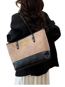Meadow Style Sandpaper Leather Patchwork Tote Bag, Elegant Rhombus Large Capacity Office Commute Shoulder Crossbody Bag