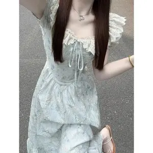 Vintage Elegant Sweet Slim Puff Sleeve Dress Summer Designer Chic Lace Print Dresses Women Fashion Kawaii Square Neck Dress New