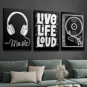 2D flat, 2D wrapped canvas frame, 3 wooden framed canvas printed decorative paintings, hip-hop 90s black and white music poster, retro color block bathroom decoration, indoor home wall decoration art