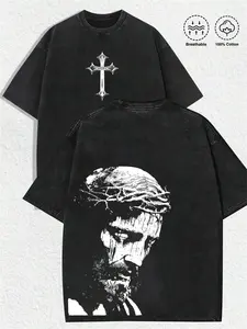 Men's Vintage Washed T-Shirt, Jesus Crown of Thorns Cross Print, Cotton Street Style, Comfortable Fashion Fitted Short Sleeve Tee