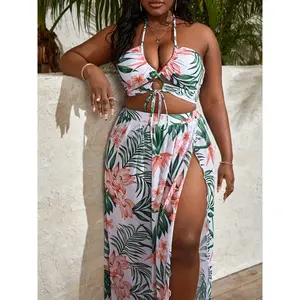 Plus Size Two-Piece Swimsuit with Cover-Up Tropical Floral Halter Bikini Set High Waist Swimwear for Women tankini suit Glossy Halter Tie Bikini Set LY315